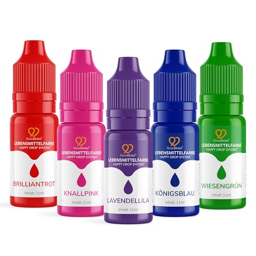 GoodBake Lebensmittelfarbe flüssig Set (5 x 11 ml) - farbintensiv, geschmacksneutral, vegan & zuckerfrei - Food Coloring für Tortendeko, Kuchenteig, Fondant, Kekse, Getränke, DIY