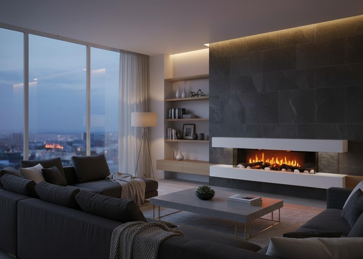 CHEMIN'ARTE Chimenea eléctrica de Pared con calefacción Lounge 3XL 150cm Blanca, Efecto de Llama Leds- Chimenea Decorativa bajo Consumo - Mando a Distancia