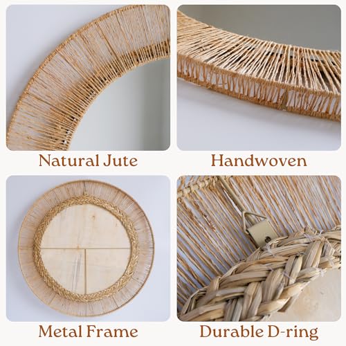 24 Inch Jute Mirror, Large Coastal Boho Round Mirror with Rustic Natural Jute Frame, Farmhouse Wall Decor Accent Handwoven for Bathroom, Bedroom, Living Room, or Entryway - Image 3