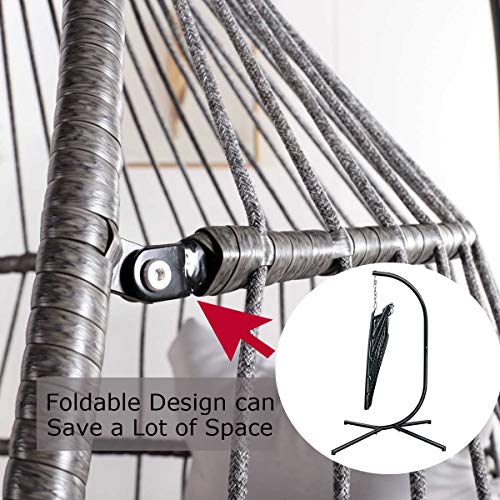 Swing Egg Chair with Stand Indoor Outdoor Wicker Rattan Patio Basket Hanging Chair with UV Resistant Cushions Aluminum Frame 350lbs Capaticy for Bedroom Balcony Patio (Grey)