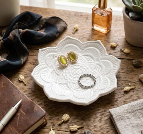 Image of Small White Mandala Trinket Dish Jewellery Dish Tray, Ceramic Decorative Ring Holder Dish, Gifts for Women, Bride Bridesmaid Gifts Birthday Christmas Wedding Valentines' Present