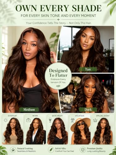 Image of KLAIYI Auburn Chestnut Brown Loose Body Wave Pre Everything Glueless 13x4 Lace Front Wigs Human Hair Drawstring Precut Lace Pre Plucked Bleached Ready to Wear and Go Wig with Face Framing Bang 26Inch