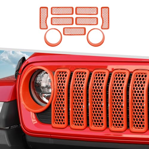 Image of 9PCS Headlight Cover & Front Grill Mesh Inserts Compatible with Jeep Wrangler JL JLU 2024-2025, NOT FIT JL Sport /Sport S (Orange)
