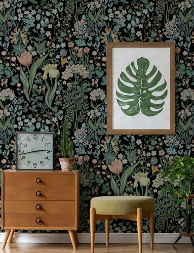 Toduso Peel and Stick Wallpaper Vintage Wall Paper Black Floral Contact Paper Removable Wallpaper 17.3"x196.8" Leaf Flower Self Adhesive for Bedroom Drawer Decor Vinyl Rolls