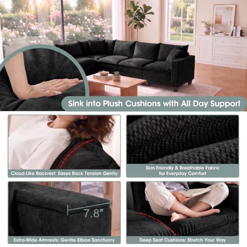 Image of 97 inch V Shaped Sectional Couch, Comfy Chenille Upholstered Modular Cloud Sofa, Convertible L Shaped Corner Couch with Storage Armrests & 2 Pillows, 5 Seat Sectional Couches for Living Room, Black