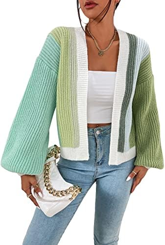 SHENHE Women&#39;s Color Block Open Front Long Sleeve Ribbed Knit Cropped Cardigan Sweaters