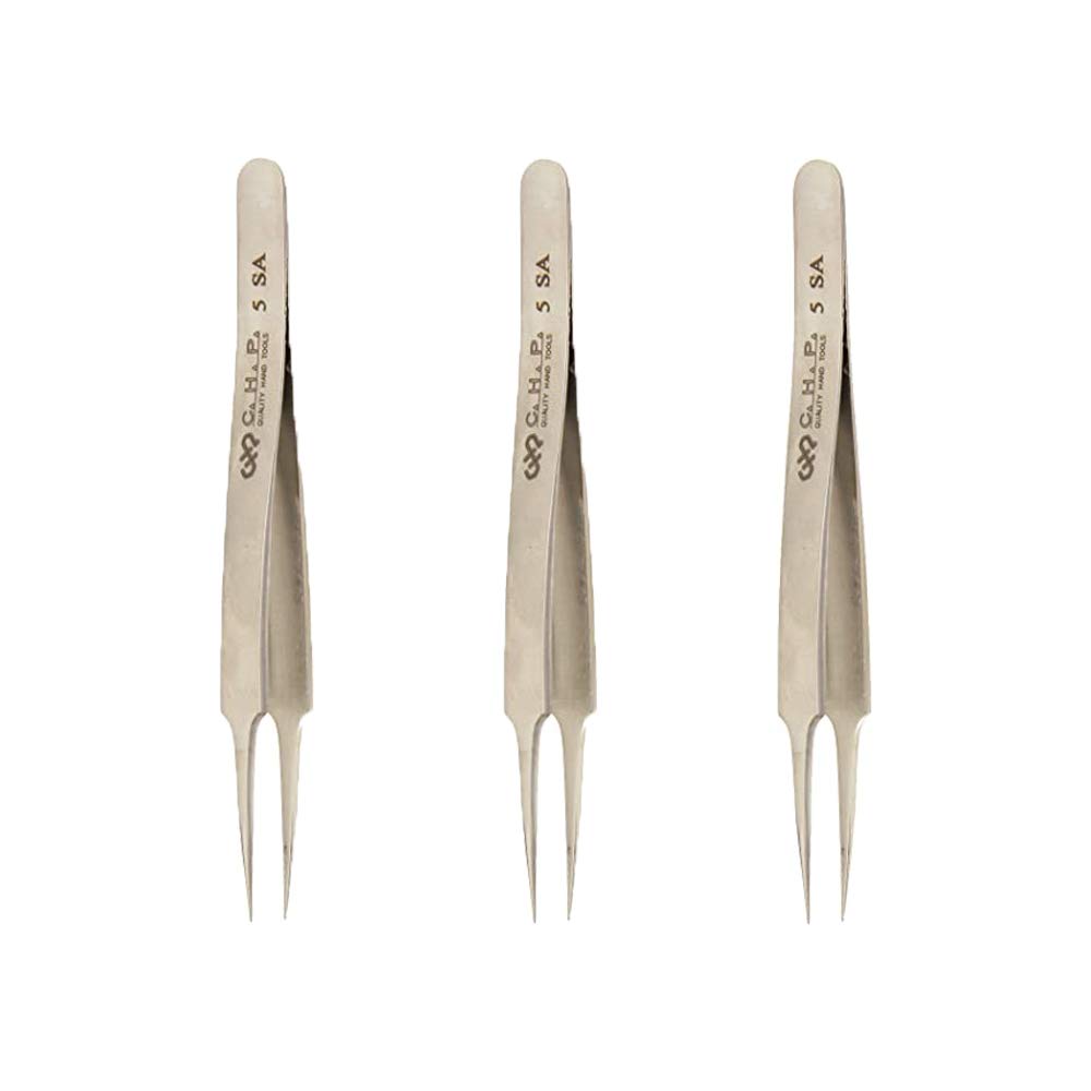 Hakko CHP 5-SA - Pinzas de precisión no magnéticas de acero inoxidable con puntas afiladas de punta fina y punta fina, 4-1/4 pulgadas de longitud (paquete de 3)