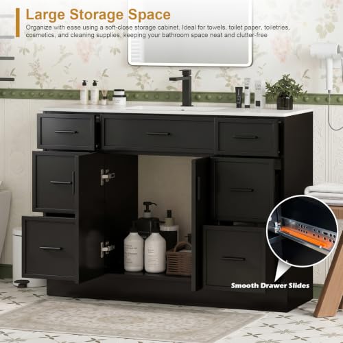 Image of 48 Inch Bathroom Vanity with Sink and Countertop, Modern Farmhouse Bathroom Vanity Cabinet with Soft Close Doors & 6 Drawers, Freestanding Single Sink Bathroom Storage Cabinet, Black