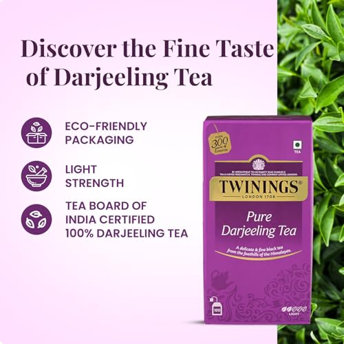 Image of Twinings Darjeeling Tea, 100 Teabags|Pack of 1| Premium Black Tea| Light Strength| From Darjeeling's Finest Estates| Light & Delicate Flavour| Handpicked Leaves| Enjoy a Hot Cup of Tea