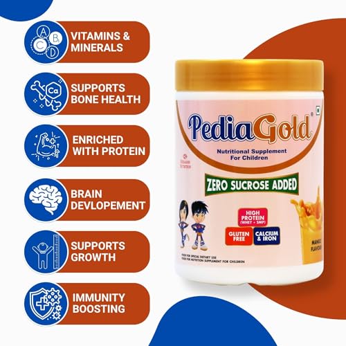 Image of PediaGold Nutrition Mix Powder for Children | For 2-14 Years | Mango-400g | Zero Sucrose | 6g protein per serving | Supports Overall Health Boosts Immunity | Nutritional Supplement for Kids Growth