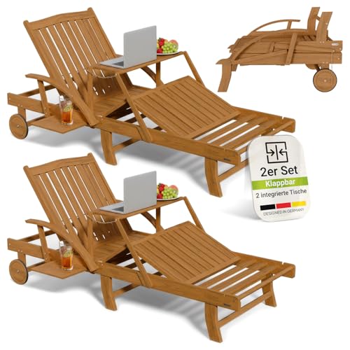Juskys 2er Set Sonnenliege SunScape - Natur Akazie mit verstellbarem Tisch & Beinablage Stabil & Langlebig 196x73x30 cm