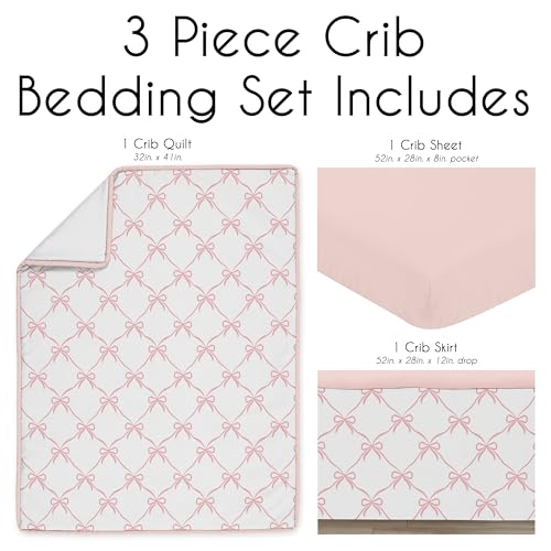 Image of Sweet Jojo Designs 3-Piece Baby Crib Bedding Set (Pink Bows) for Girls, Infants /Nursery incl. Blanket, Fitted Sheet and Crib Skirt (Blush and White, Bow, Ballerina, Ballet Dancer, Princess Collection)