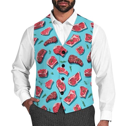 Meat Slices Pattern Print Men's Suit Vest Waistcoat Vests Formal Dress with 2 Pockets for Business Casual Tuxedo