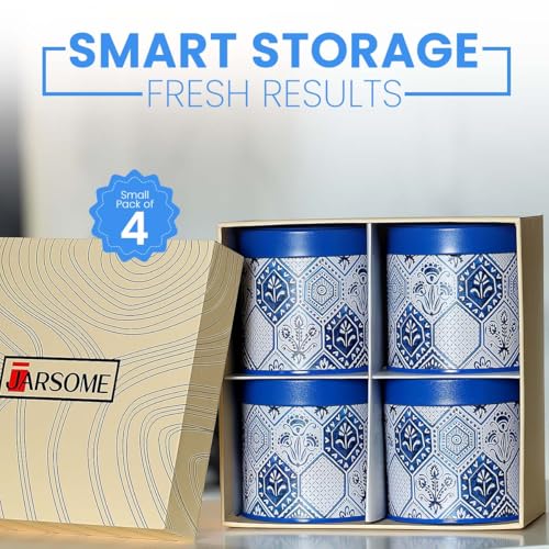 Image of Maroc Collection Airtight Kitchen Container Set| 450ML- Set of 4| Food Grade Metal Jars for Spices, Seeds, Green Tea & Dry Storage| Vacuum Lid, Rust Resistant, Stylish Moroccan Blue Canisters