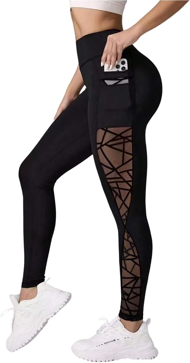 SweatyRocks Women's High Waist Workout Yoga Geometric Mesh Seamless Leggings Pants