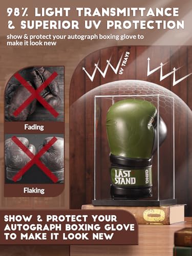 Image of JupDec Boxing Glove Display Case, Clear Acrylic Showcase with Wood Base & Plank for Single Glove, Full Size UV Protection Souvenirs and Collectibles Box, Ideal Gift for Boxing Fans, Black