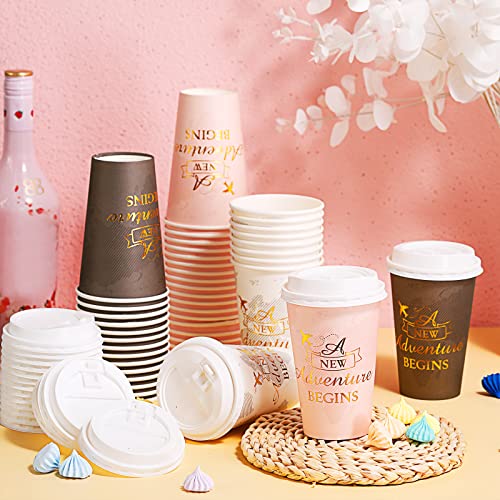96 Pack 16 Oz Disposable Coffee Cups With Lids A New Adventure Begins Paper Coffee Cups For Baby Showers, Engagement Parties, Graduations For Beverages Espresso Tea #TOP3