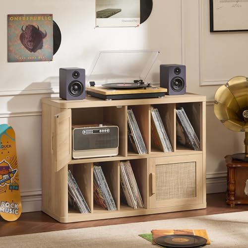Image of LEYAOYAO Large Record Player Stand with Vinyl Storage Up to 450 Albums, Wood Rattan Boho Record Storage Accent Cabinet, Modern Stereo Media Cabinets, Wide Turntable Stand for Living Room, Natural Oak
