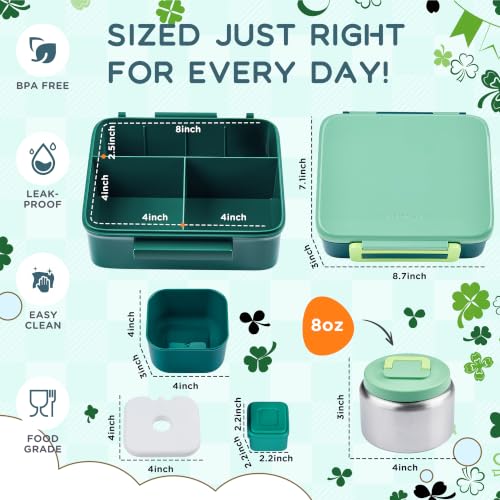 Bento Lunch Box for Kids with 8oz Soup Thermo Leak-Proof Lunch Food Containers with Snack Sauce Container for Kid Girls Boys to School, Green Bag — view 6