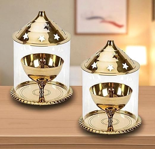 Image of Brass Akhand Diya with Glass Cover 5 Inch Pack of 2 | Golden Decorative Brass Oil Lamp & Tea Light Holder | Cylindrical Lantern for Durga Pooja, Navratri, Temple, Festive & Home Dcor