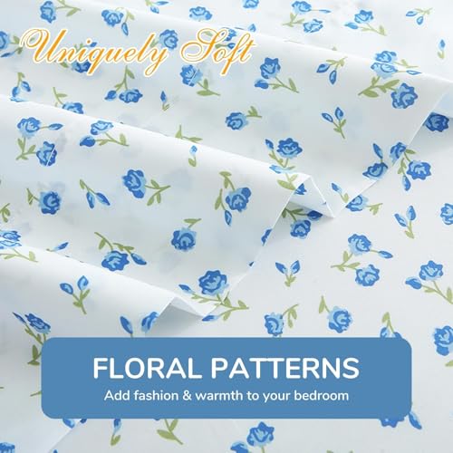 Image of MUXHOMO Queen Size 4 Piece Sheet Set, Soft Breathable Bed Sheet Set for Bedroom with Deep Pocket Up to 16 inch, Wrinkle-Free & Cooling Bedding for Oeko-TEX Certified - Floral Blue