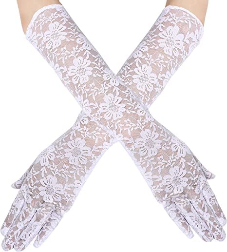 Elegant Satin Lace Gloves Long Bridal Gloves forBride Flower Girls Women Wedding Prom Party_White