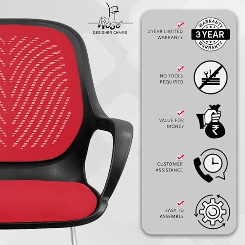 Image of ROSE Zaria | 3 Years Brand Warranty | Ergonomic mesh mid-Back Office Chair, Perfect for Study, Work from Home, revolving, Rolling Computer Desk Chair (Black & Red, Visitor)