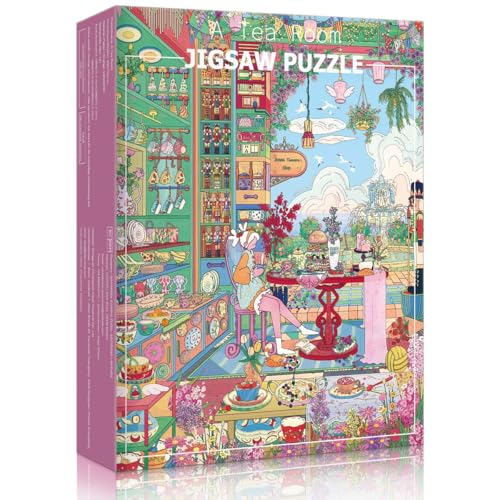 HUADADA 1000 Teile Puzzle für Erwachsene Teestube Motiv im Pastell-Cartoon Stil 70x50 cm Profi-Graukarton mit 1:1 Poster