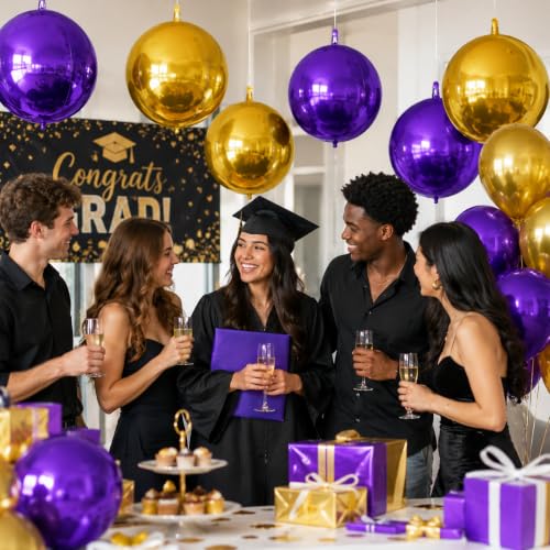 Image of 9 Pcs Purple Gold Round Foil Balloons Dark Purple Metallic Gold Chrome 4D Ball Balloons 22 In Orbz Mylar Balloon for Graduation Grad Birthday Wedding Anniversary Disco Party Decorations