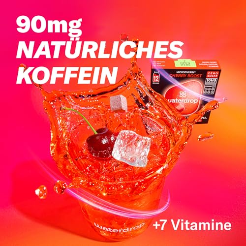 waterdrop® Microenergy CHERRY – 36 Waterdrop Drops Würfel mit natürlichem Koffein 90mg – Alternative zu Energy Drinks – Zuckerfreies Geschmackspulver für Getränke – Flavour Drops im Wasser auflösen 5