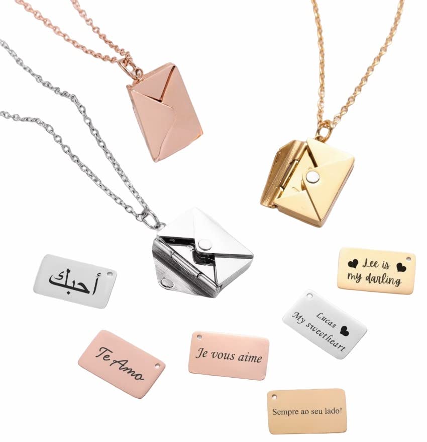FUSIYU Collar de Sobre Personalizado,Nombre de la Información Collar de Cartas de Amor Tallado en Frases de Fecha, Rregalos para Madres, Parejas y Familias
