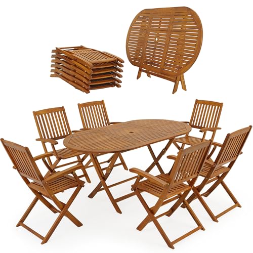 Casaria® Table De Jardin Exterieur avec Chaise 6 Personnes - Table Ovale Extensible en Bois D'Acacia, Résistant Aux Intempéries avec Trou pour Parasol...