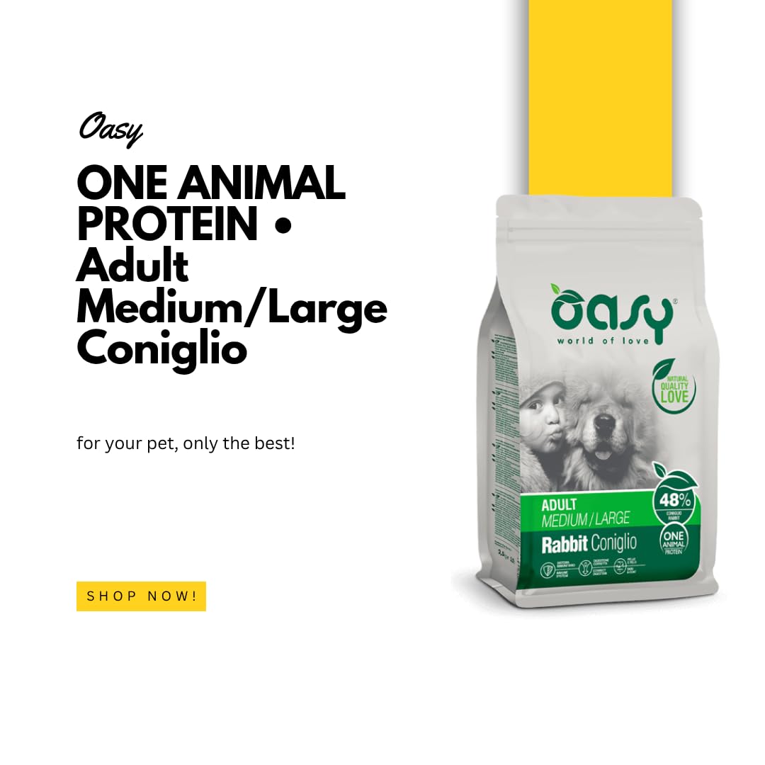 OASY Cane ONE ANIMAL PROTEIN • Adult Medium/Large Coniglio | alimento secco completo per cani adulti di taglia media e grande, monoproteico, 1 confezione da 10kg.