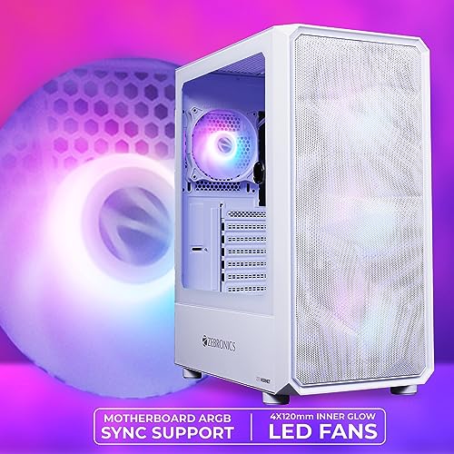 Image of ZEBRONICS Hornet Mid-Tower Premium Gaming Cabinet -, ATX, 4 ARGB Fan, LED Control Switch, Window Tempered Glass Panel, USB 3.0, Top AIO Cooler Support, Magnetic Dust Filter (White)