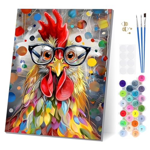 EOBROMD Peinture Numero Adulte Coq avec Lunettes avec Cadre, Paint by Numbers avec Pinceaux Peintures Acryliques, Kit de Peinture à l'huile sur Toile pour...