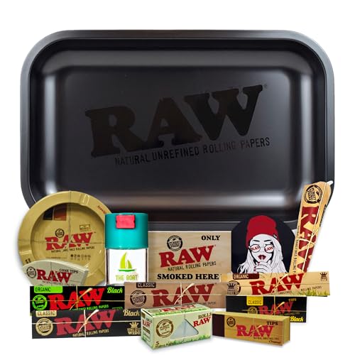 Smokers Gift Set: RAW Matte Black Rolling Tray 10.8 x 6.9 RAW Ashtray THE BOAT Odor-Proof Container RAW King Size Organic Black & Classic Papers Tips Cone & Stickers.