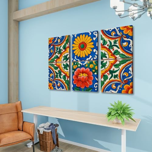3 Piece Canvas Wall Art Prints Picture Mexican talavera ceramic tile Ethnic folk ornament Italian pottery Framed Wall Painting Modern Artwork Poster Home Decor for Living Room Office Ready to Hang - Image 6