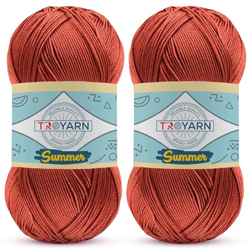 Image of TROYARN Summer (2- Skeins Pack) Silk Effect Hand Knitting Yarn Crochet Art Lace Craft 100% Microfiber Acrylic 2x100 gr (2x383 yds) (105036 - Terra)