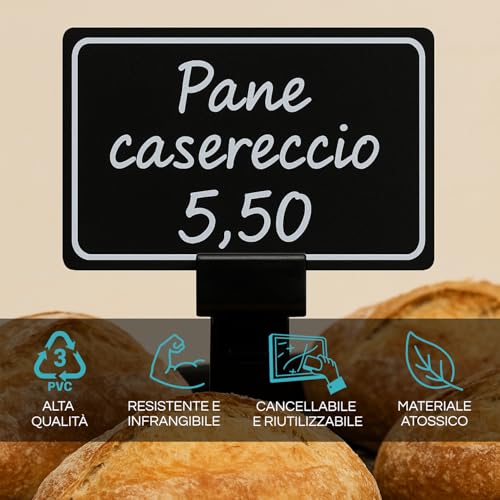 Virsus Kit 25 Segnaprezzi Cancellabili In Pvc Di Colore Nero 1005, Misura 10X7Cm + 25 Clip A Pressione Con Mollette + Marcatore Bianco (Neutra) - 6