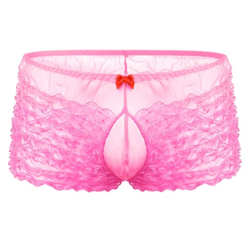 Mens Mesh Lace Boxer Briefs Sissy Lingerie Frilly Ruffled Panties See Through Underwear Sleepwear