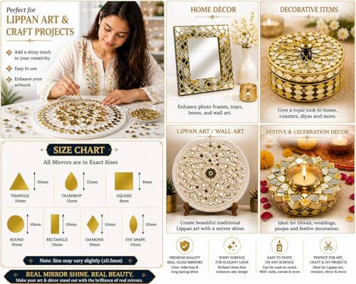 Image of NNJ GROUP 700 Pcs Golden Colour Mirror Kit for Lippan Art and Craft Work, 7 Shapes with Fabric Glue (Combo)