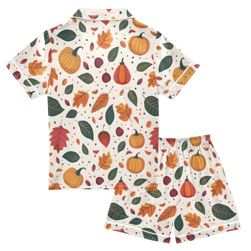 Autumn Leaves Pumpkin Pajamas Set Soft Satin Pjs Sets 2 Piece Short Sleeve Sleepwear Casual Loungewear2