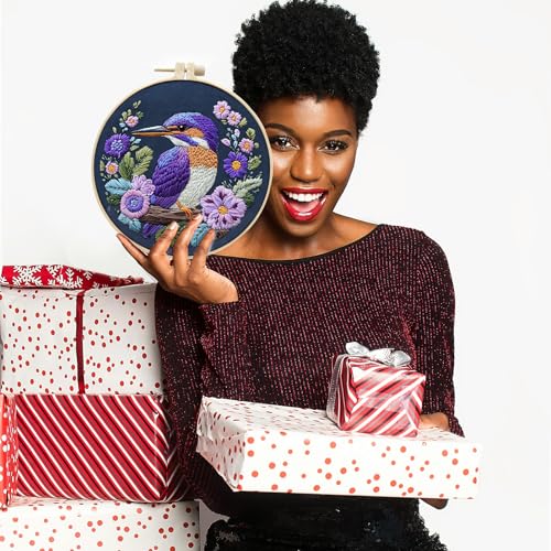 Image of FONNUY Embroidery Kit for Beginners, Birds with Flowers Pre-Stamped Pattern Kits for Adults with Hoop, Easy to Follow Color Thread Needlework, 8'' Hoop (Purple 2)