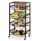 Kitchen Cart with Storage and Wheels, 5 Tier Rolling Utility Cart Metal Pantry Cart Rack for Fruit...