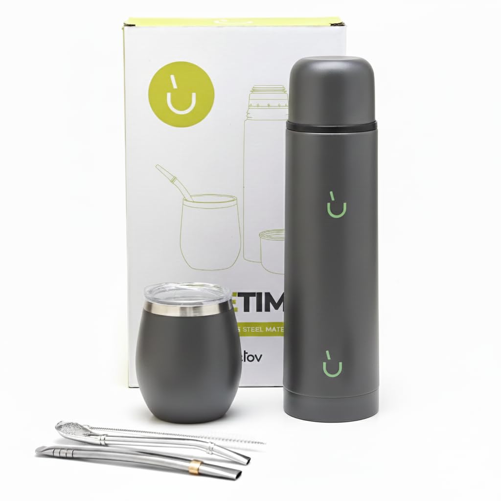 BALIBETOV Set Completo Yerba Mate - Zucca Mate Moderna, Thermos, Bombilla e Spazzola per la Pulizia Inclusi - Tutto in Acciaio Inossidabile 304 18/8 di Qualità Premium (Grigio)