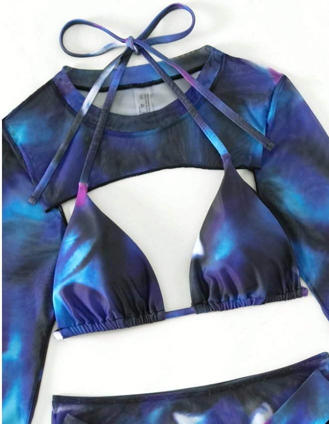 4 Piece Bikini Sets, High Cut Tie Dye Swimsuits, Sexy Bathing Suits with Long Sleeved Top and Skirt Bikini Set3