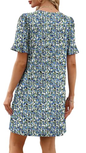 Image of OFEEFAN Summer Dresses for Women Ruffle Short Sleeve V Neck Casual Shift Dress with Pockets