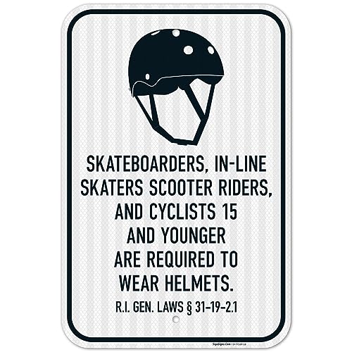 Skateboarders in Line Skaters Scooter Riders and Cyclists 15 and Younger are Required to Wear A Helmet Sign, 12x18 Inches, 3M EGP Reflective .063 Aluminum, Fade Resistant, Made in USA