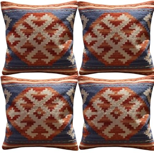 INDIAN RUGS Handmade 100% Wool Kilim Pillow Cover – 18x18 Inches, Durable Indian Cushion Case, Premium New Zealand Wool for Home Decor (Blue Orange, Pack of 4)