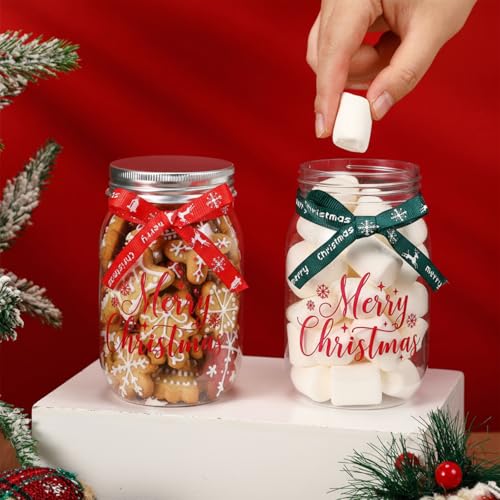 Yungyan 24 Set 12oz Christmas Mason Jars Christmas Candy Jars with Lids Ribbons Print Pattern Clear Plastic Cookies Containers for Gifts, Storage, DIY Crafts, Xmas Decoration Party Favors(Xmas)